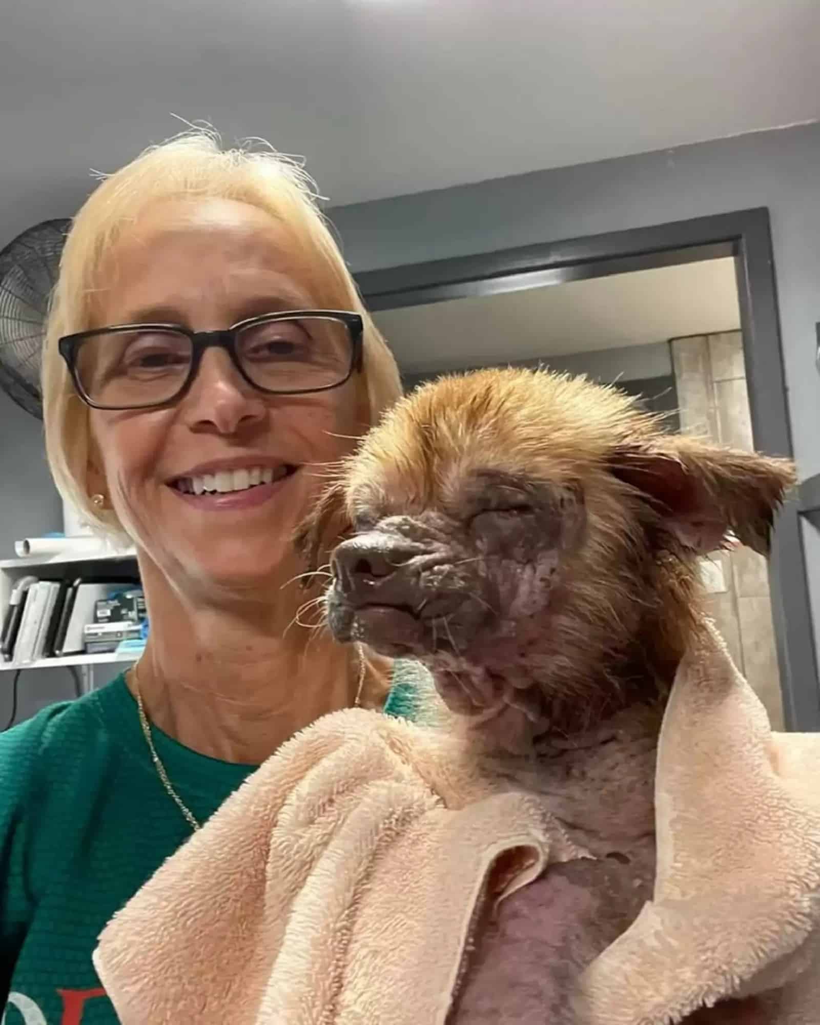 woman holding stray dog in a towel