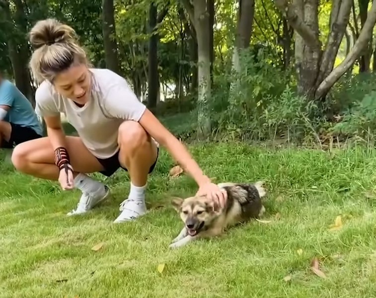 woman petting dog