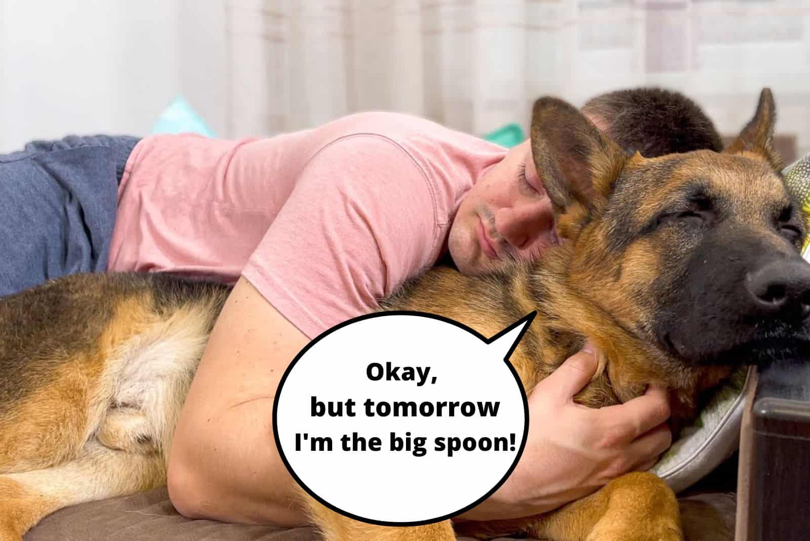 woman sleeps next to her gsd