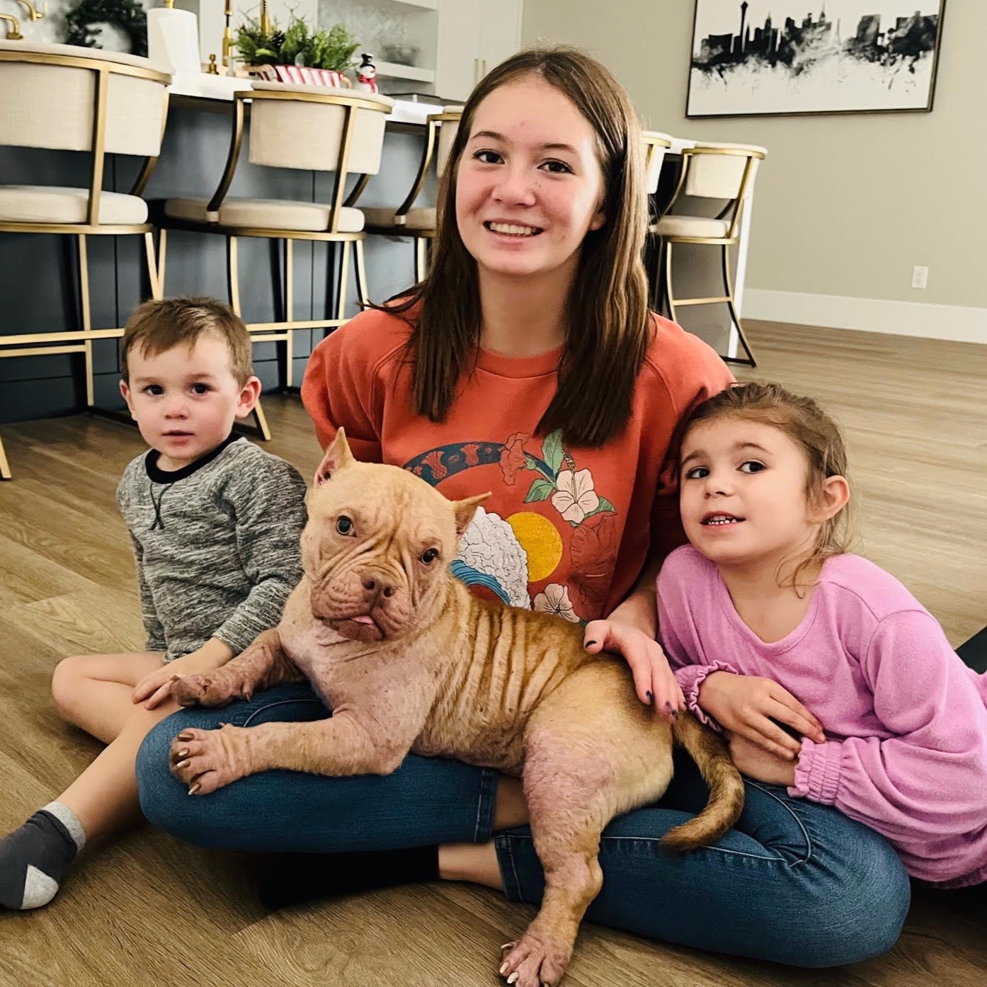 woman, two kids and dog