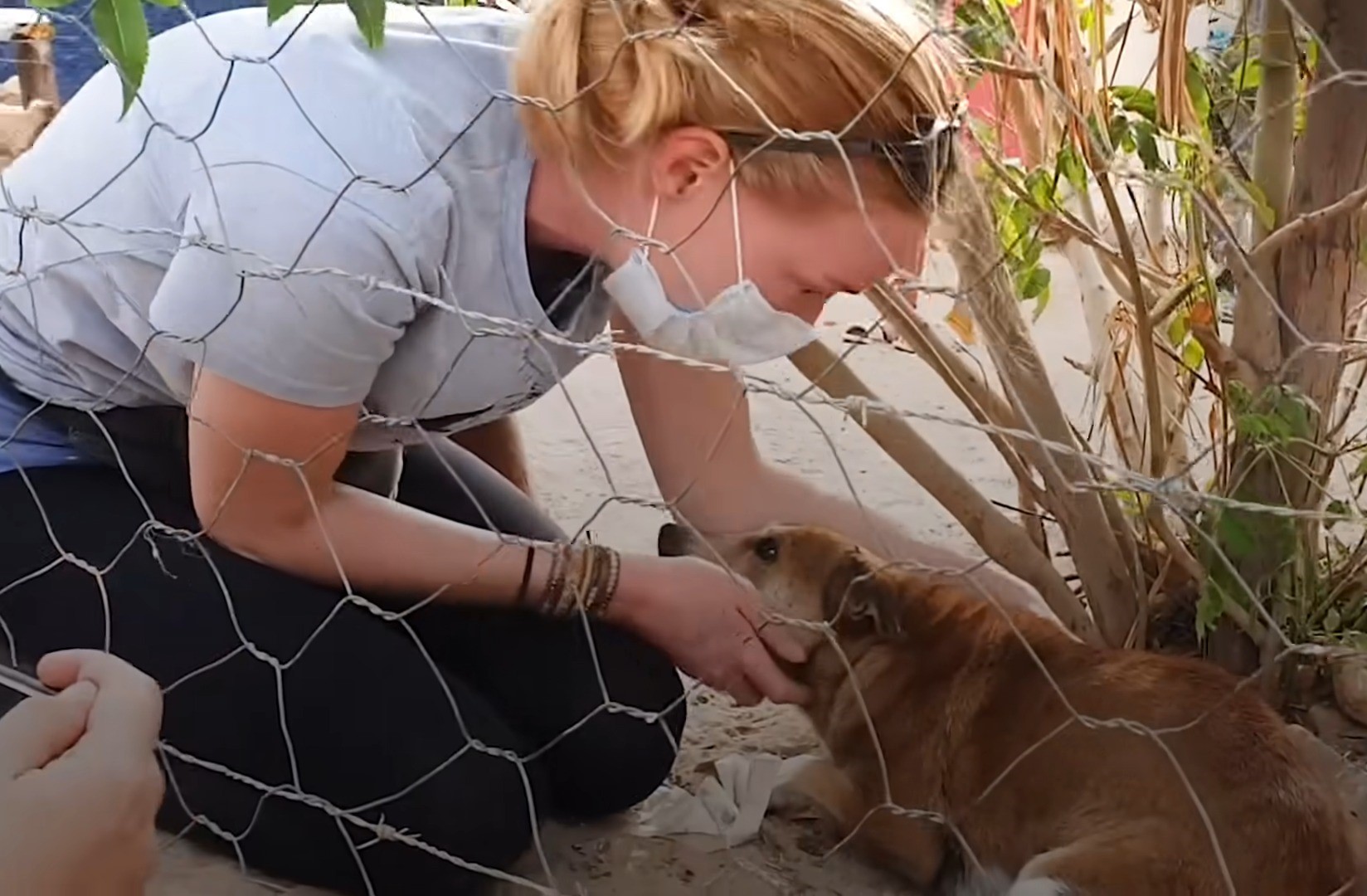 woman with a face mask and a dog