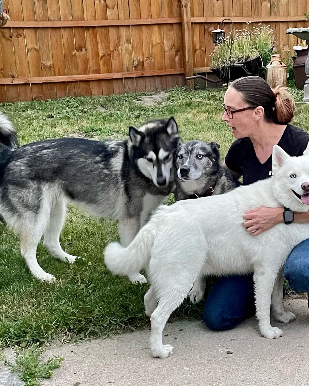 woman with her three dogs