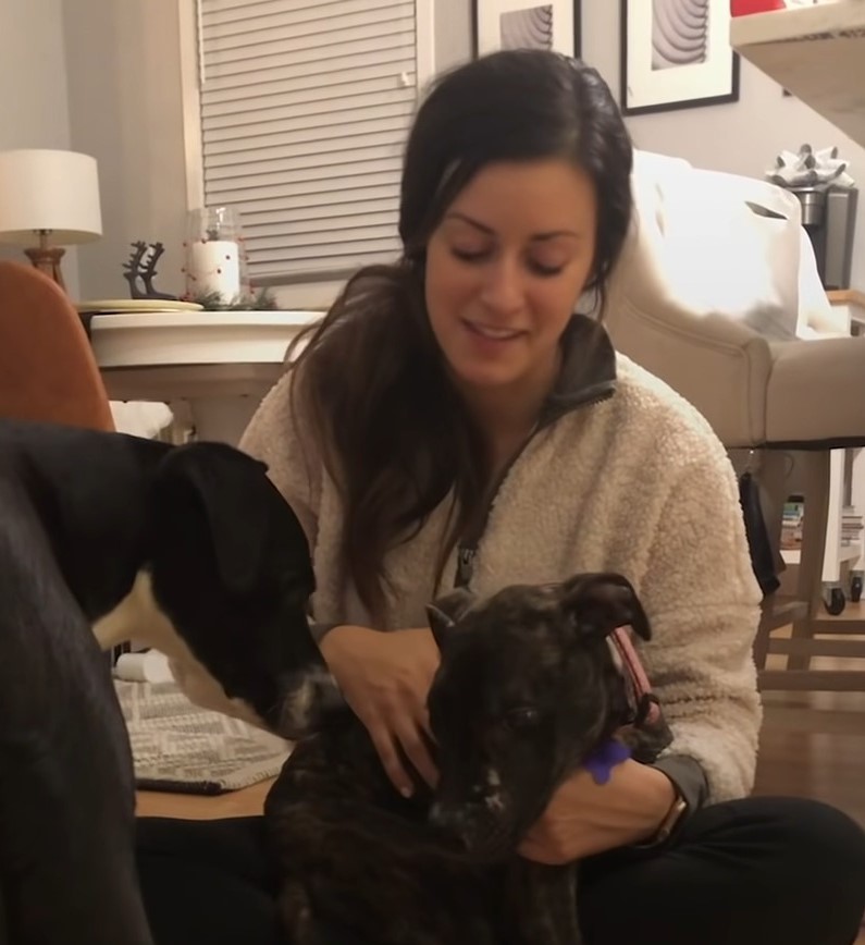 woman with two dogs in the living room