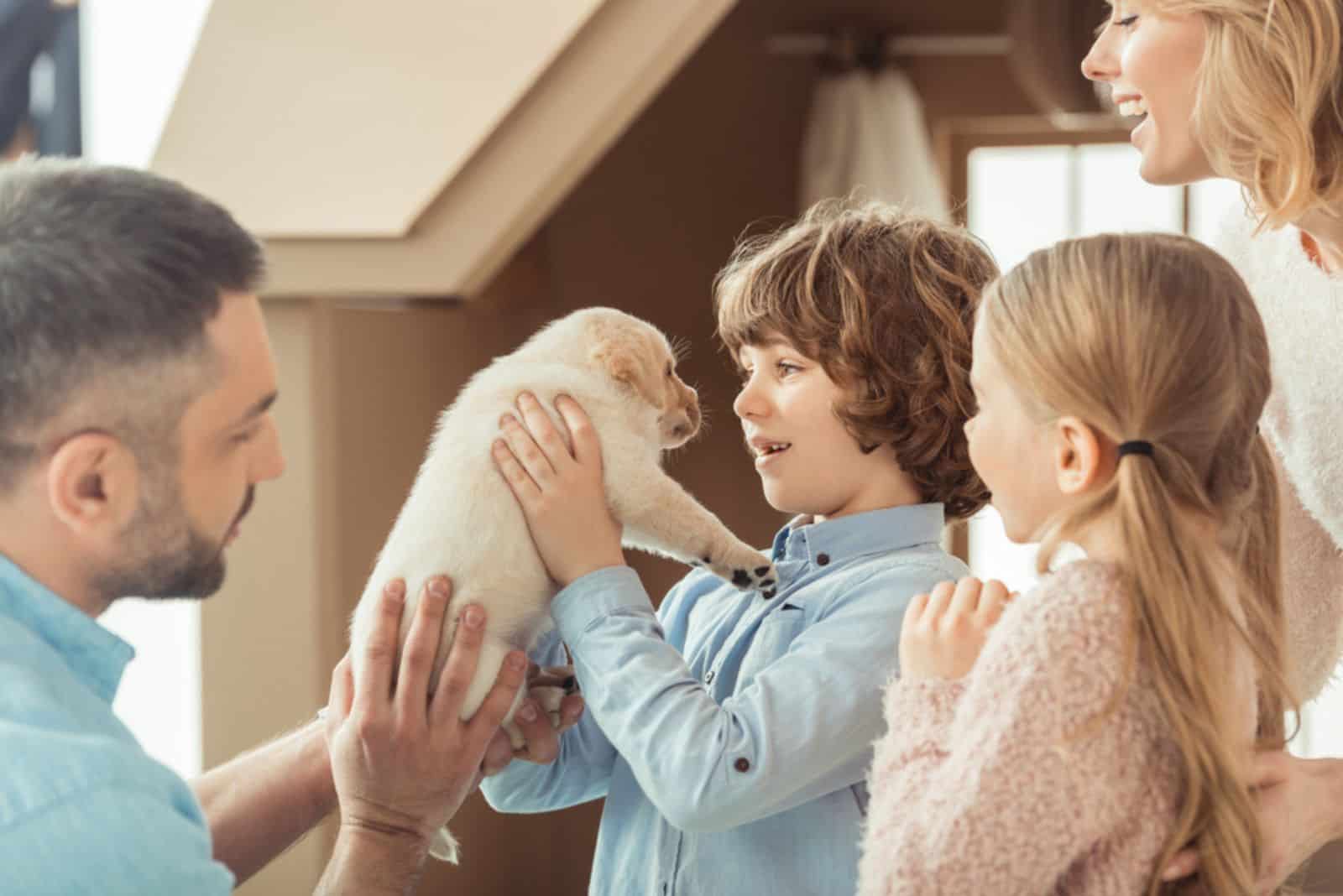 young family with little labrador puppy in front of cardboard house