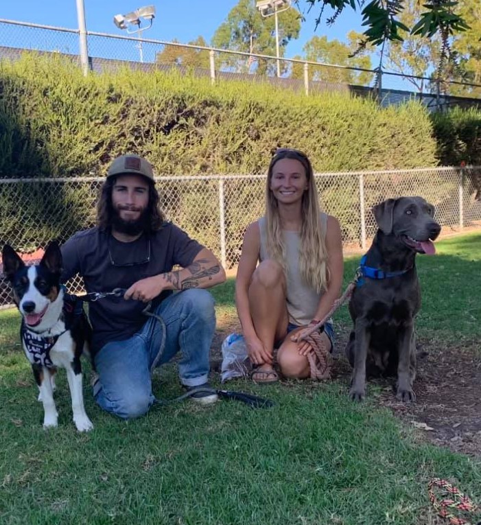 a beautiful picture of the owner and the dogs in the garden