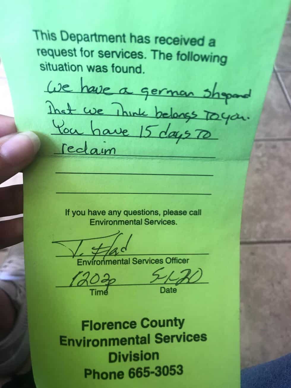 a note by Florence County Environmental Services