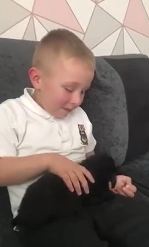 boy cuddling a puppy on the couch