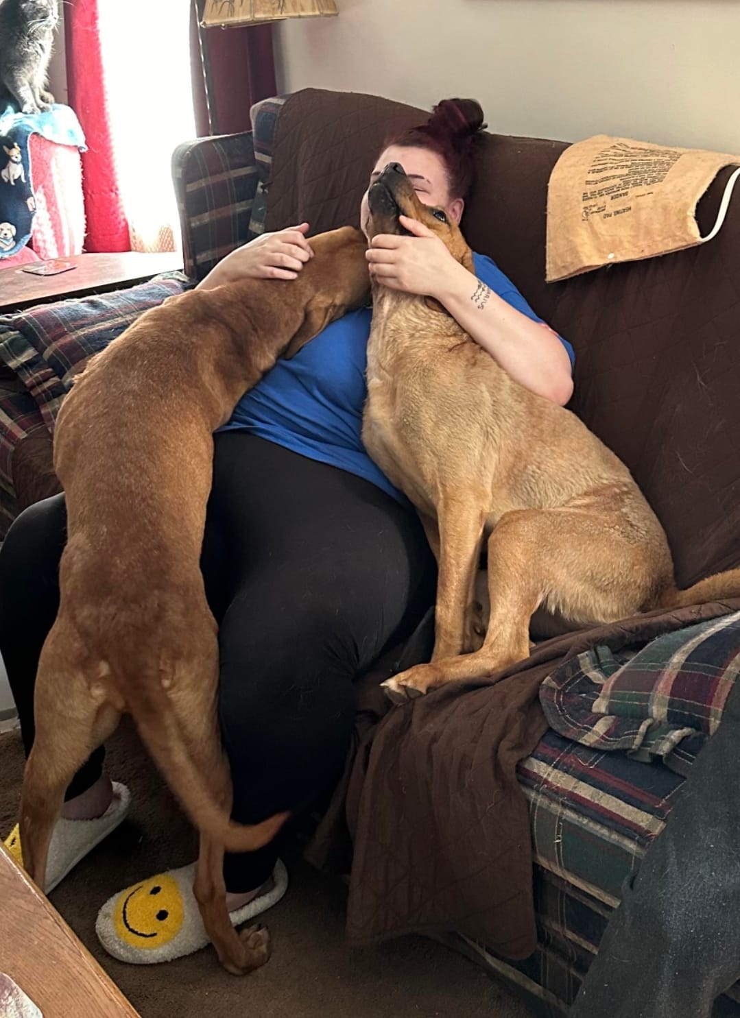 fat woman and two dogs