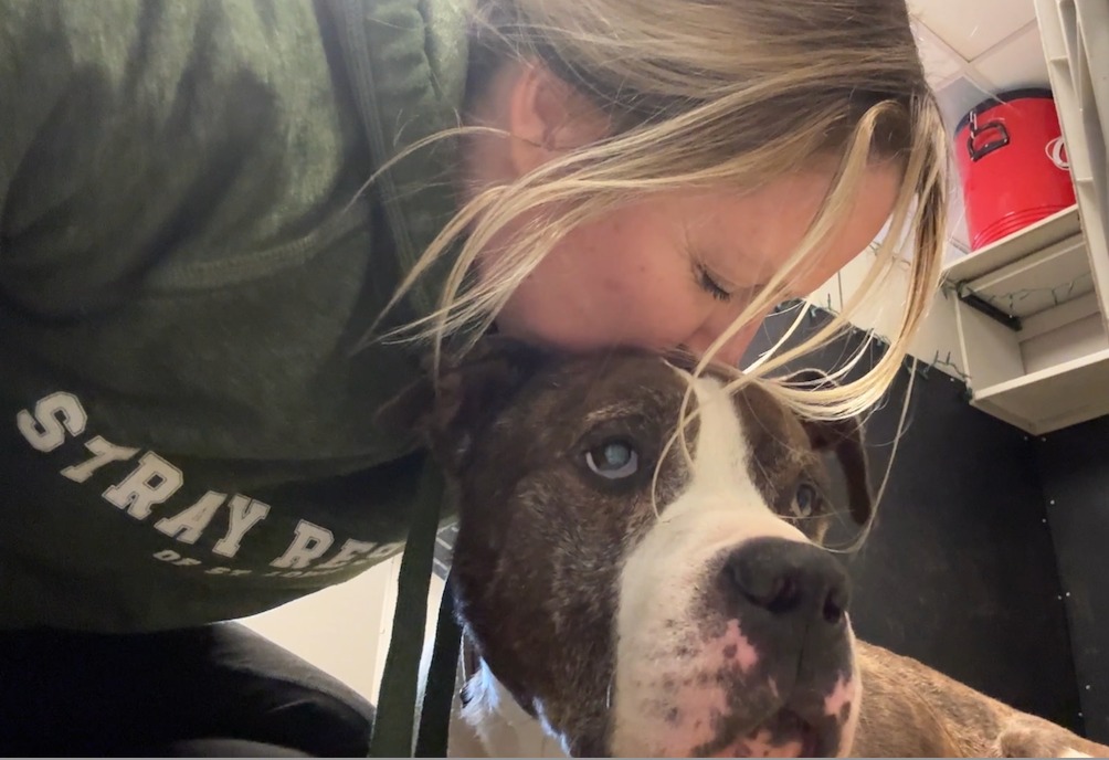 woman giving dog a kiss on head