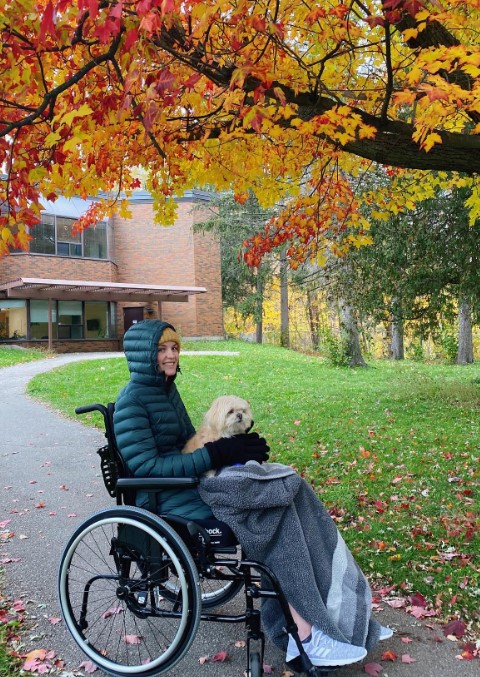 a girl in a stroller holds a dog in her arms