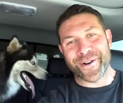 man and husky in car