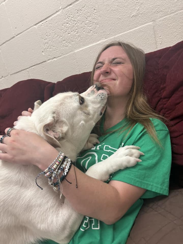 woman and happy white dog