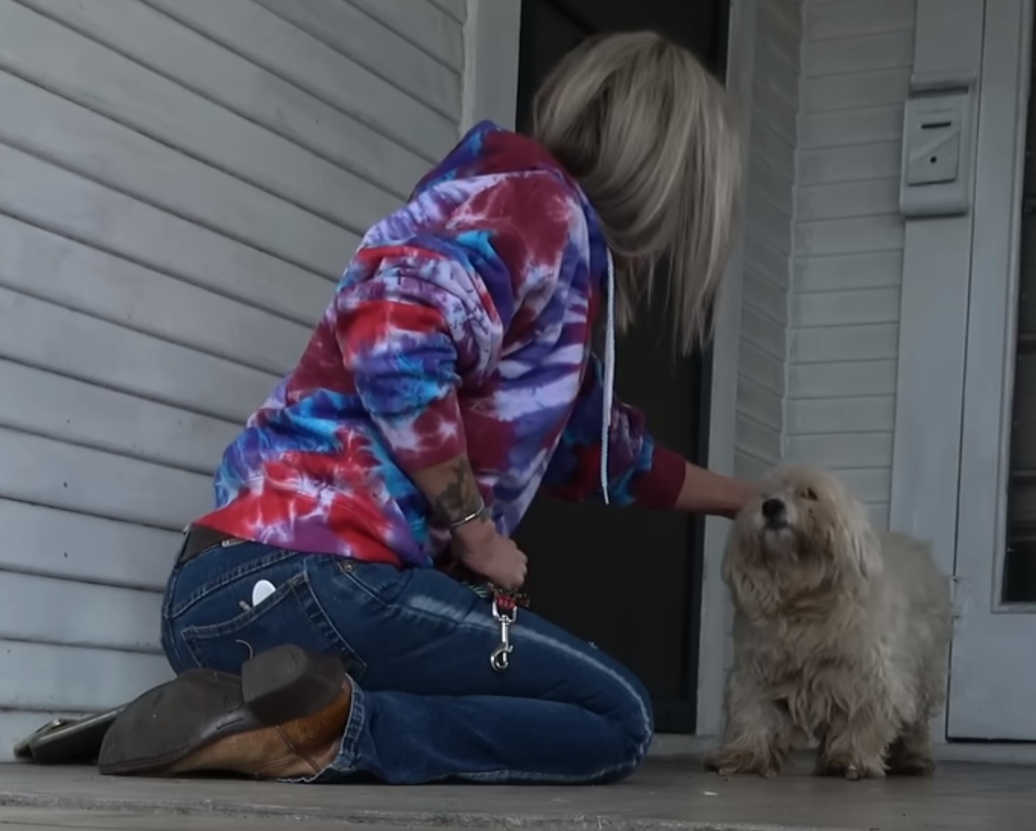 woman and white stray dog