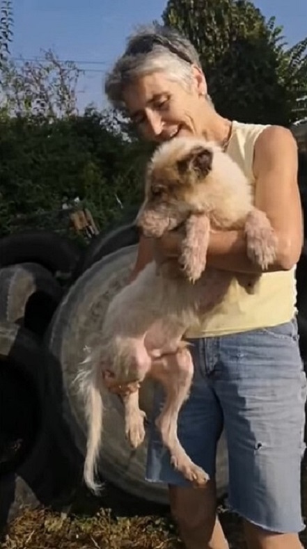 woman holding the dog