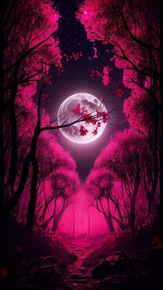 Phần này có thể chứa: an image of a pink forest with the moon in the sky and trees all around