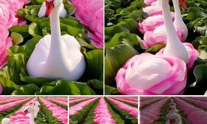 Step into the enchanting world of the giant cabbage garden, where rows upon rows of cabbages are meticulously arranged to form the graceful shapes of swans