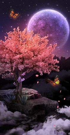 Phần này có thể chứa: there is a tree with butterflies flying around it and the moon in the sky above