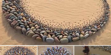 Stone Waves: Hypnotic Land Art Arranged by Artist on Ocean Shores