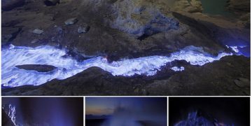 The mysterious phenomenon of a volcano emitting blue-colored meteorites.