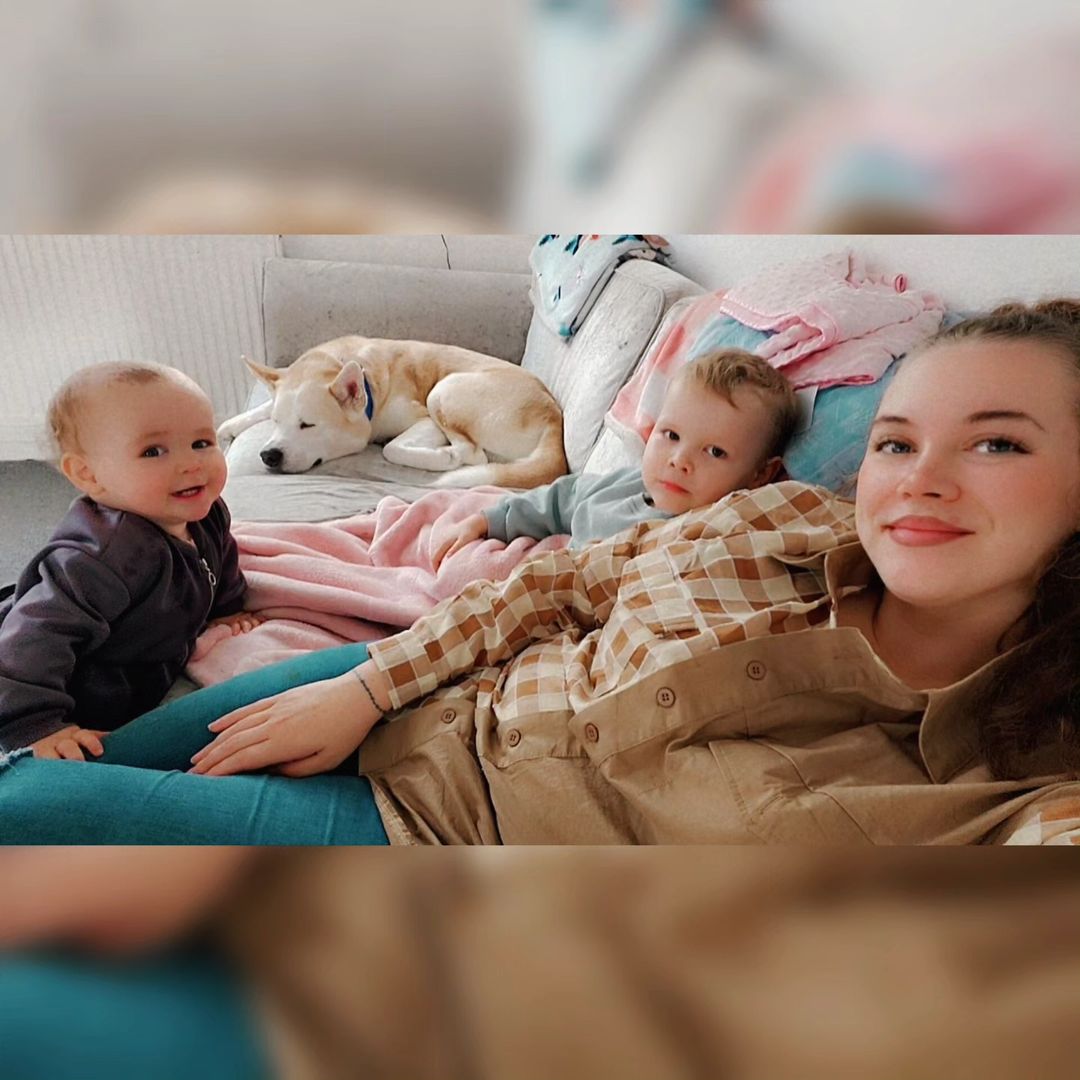 mother, kids and dog