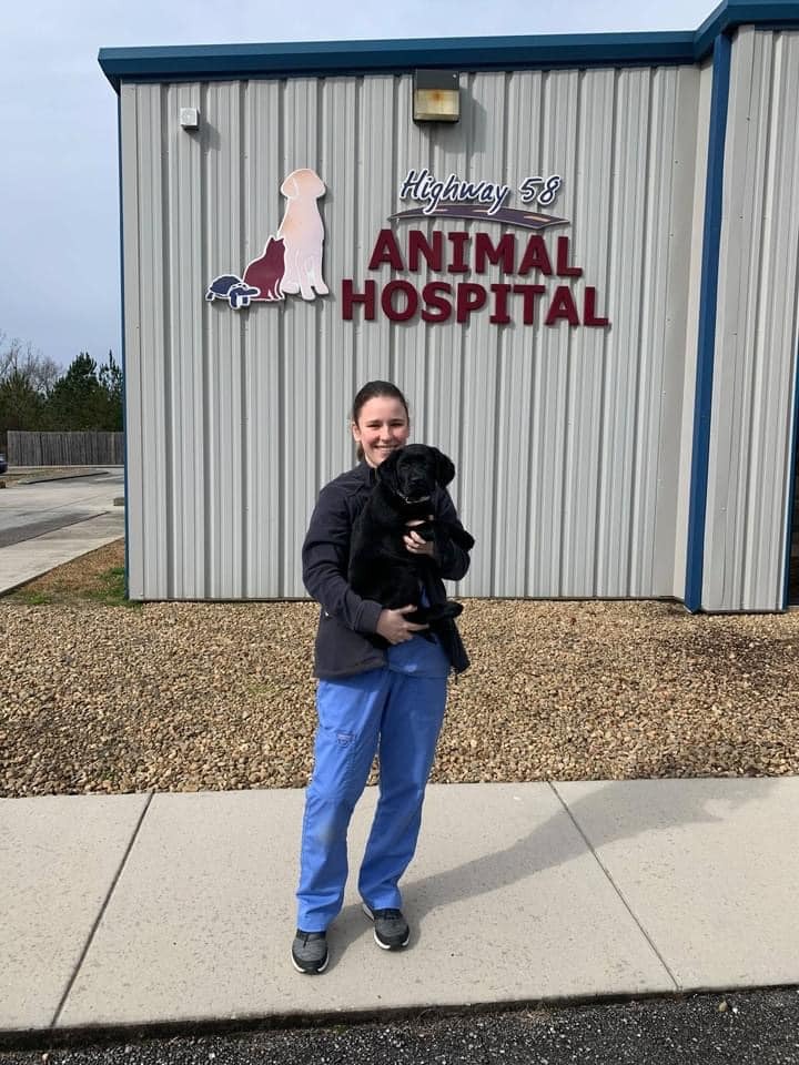 young girl holding a dog in front of animal hospital