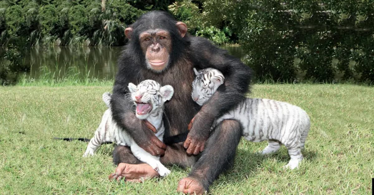 The chimpanzee and his friends, the white tigers, are playfully teasing each other